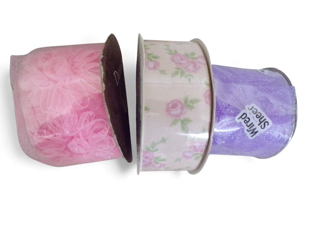 Ribbon Lot Wired Sheer Purple Pastel Floral Pink Net Flowers Vintage Full Spools